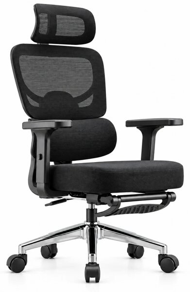 VARENO-H – Scaun ergonomic cu tetieră 4D, șezut culisant, suport lombar, cotiere 3D, reclinare 135°, suport pentru picioare, Negru