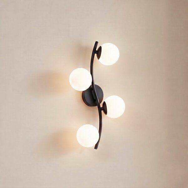 Lindby Aplică de perete Josiana, opal/negru, 48 cm, sferică, sticlă, reglabil, Negru, Camera de zi / sufragerie, Sticlă, Modern