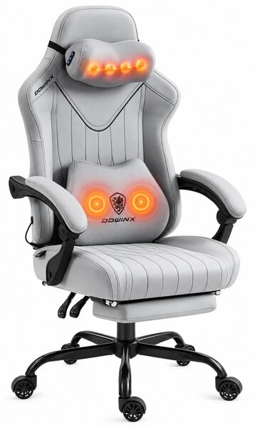 DOWINX 66D59A - Scaun Gaming Ergonomic cu Masaj Shiatsu Cervical cu Încalzire, Masaj lombar, Șezut cu arcuri, Reclinare 90°–145°, Suport picioare, Material respirabil, Gri