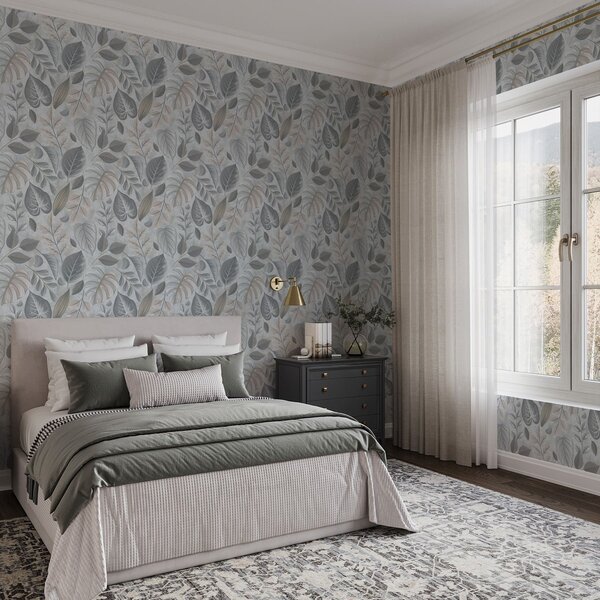 Tapet Frunziș decorativ de dimensiuni mari, în nuanțe de albastru-gri, Tapet natura, Tapet frunze, a01241 : Uwalls.ro