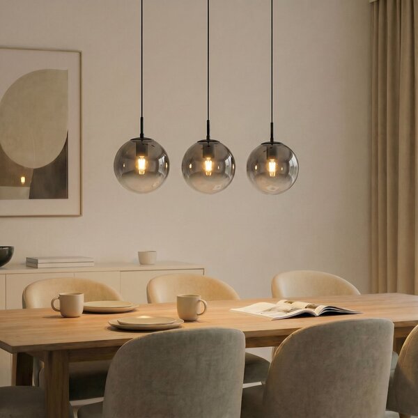 Lucande Lampa suspendată Veloura, 3 becuri, 84 cm, sticlă, lemn, reglabil, Gri, Camera de zi / sufragerie, Sticlă, Design