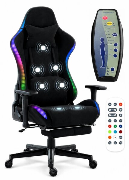 RESIGILAT- Scaun Gaming cu Masaj 7 Puncte și Încălzire, RGB, Iluminare LED Multicolor, Telecomenzi, Cotiere 3D, Reclinare 180°, Suport Picioare, Catifea, Negru