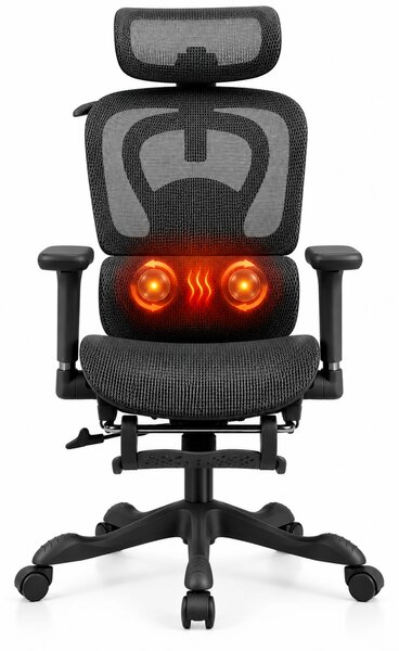 AERION-HM – Scaun ergonomic cu Masaj și Încălzire Lombară, Tetieră 3D, Cotiere 4D, Șezut Glisant, Spătar Reglabil și Suport Picioare, Full Mesh, Negru