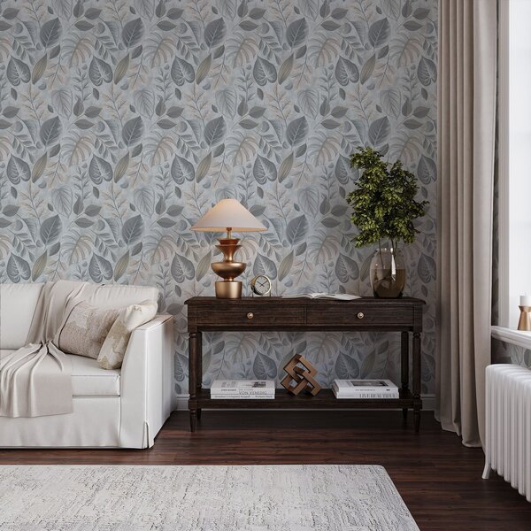 Tapet Frunziș decorativ de dimensiuni mari, în nuanțe de albastru-gri, Tapet natura, Tapet frunze, a01241 : Uwalls.ro