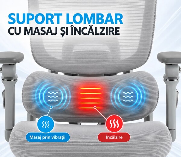 VIGOCHAIR ULTRA PRO FOAM SEAT Scaun ergonomic, spatar reglare verticala, suport lombar cu masaj si incalzire, sezut translatie, cotiere 6D, suport picioare, Gri