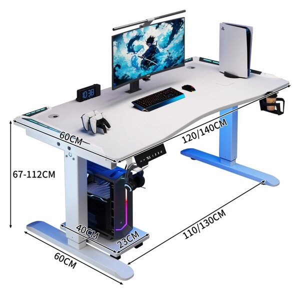KRYON GT15 – Birou Gaming Electric, 2 Motoare, Reglare 67–112 cm, RGB, Încărcare Wireless, Memorie 3 Poziții, Blat Carbon, 120 kg, 120x60 cm, Alb