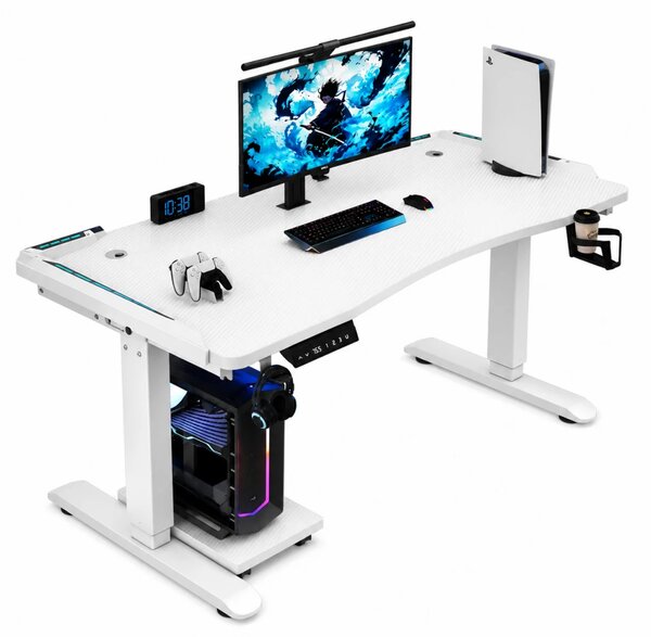 KRYON GT15 – Birou Gaming Electric, 2 Motoare, Reglare 67–112 cm, RGB, Încărcare Wireless, Memorie 3 Poziții, Blat Carbon, 120 kg, 120x60 cm, Alb