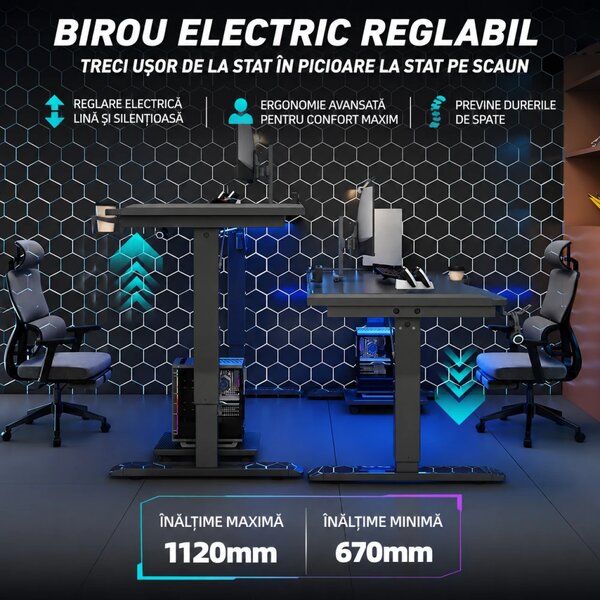 KRYON GT15 – Birou Gaming Electric, 2 Motoare, Reglare 67–112 cm, RGB, Încărcare Wireless, Memorie 3 Poziții, Blat Carbon, 120 kg, 120x60 cm, Negru