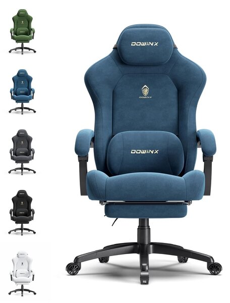 DOWINX – Scaun Gaming, Suport Lombar cu Masaj, Șezut cu Arcuri Metalice și Spumă, Rabatabil 90°-160°, Suport picioare, Rezistent 160 kg, material textil, Albastru