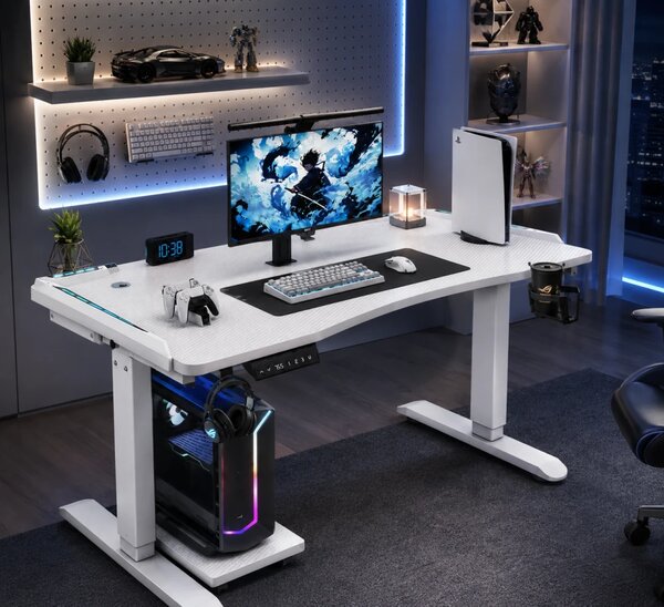 KRYON GT15 – Birou Gaming Electric, 2 Motoare, Reglare 67–112 cm, RGB, Încărcare Wireless, Memorie 3 Poziții, Blat Carbon, 120 kg, 120x60 cm, Alb