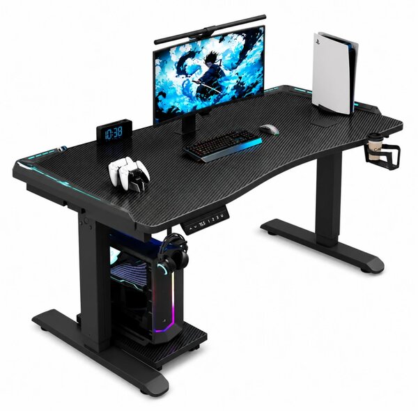 KRYON GT15 – Birou Gaming Electric, 2 Motoare, Reglare 67–112 cm, RGB, Încărcare Wireless, Memorie 3 Poziții, Blat Carbon, 120 kg, 120x60 cm, Negru