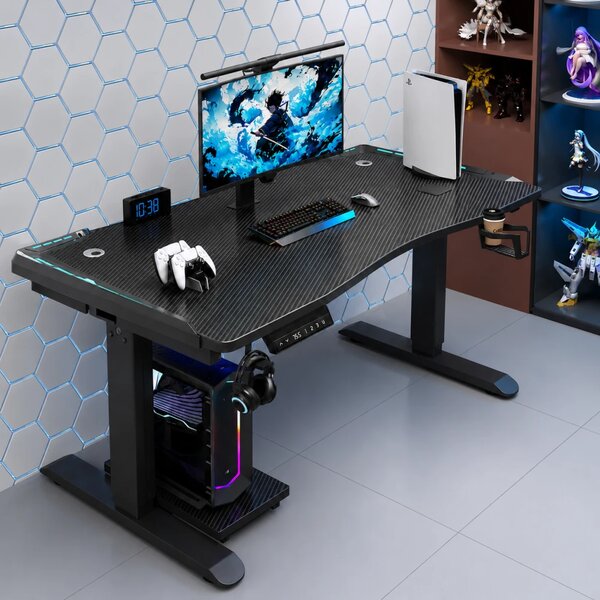 KRYON GT15 – Birou Gaming Electric, 2 Motoare, Reglare 67–112 cm, RGB, Încărcare Wireless, Memorie 3 Poziții, Blat Carbon, 120 kg, 120x60 cm, Negru