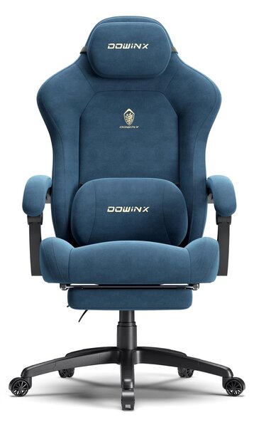 DOWINX – Scaun Gaming, Suport Lombar cu Masaj, Șezut cu Arcuri Metalice și Spumă, Rabatabil 90°-160°, Suport picioare, Rezistent 160 kg, material textil, Albastru