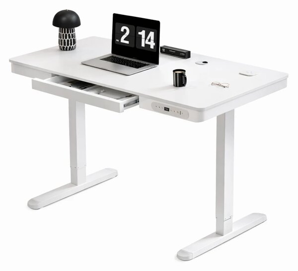 Birou Electric Reglabil pe Înălțime cu Sertar Ascuns, Încărcare Wireless & USB, Senzor de siguranță, 160x60, Alb