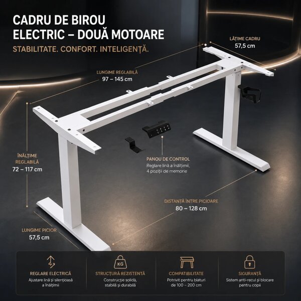 VARYON D16 – Cadru electric pentru birou, reglabil pe înălțime 72-117 cm și lățime 97-145 cm, 2 motoare, 3 memorii, sistem anti-coliziune, 150 kg, Alb