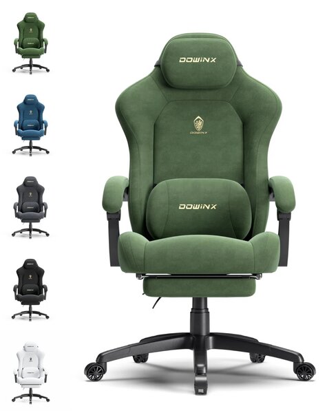 DOWINX – Scaun Gaming, Suport Lombar cu Masaj, Șezut cu Arcuri Metalice și Spumă, Rabatabil 90°-160°, Suport picioare, Rezistent 160 kg, material textil, Verde