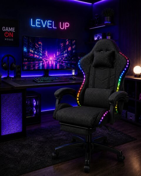 SONICSTRIKE RGB FABRIC– Scaun Gaming cu Masaj în 7 Puncte, Boxe Bluetooth Integrate, Sistem iluminare banda LED RGB, Tapițerie Premium Dublu Strat Anti-Zgâriere, Suport Extensibil pentru Picioare, Negru