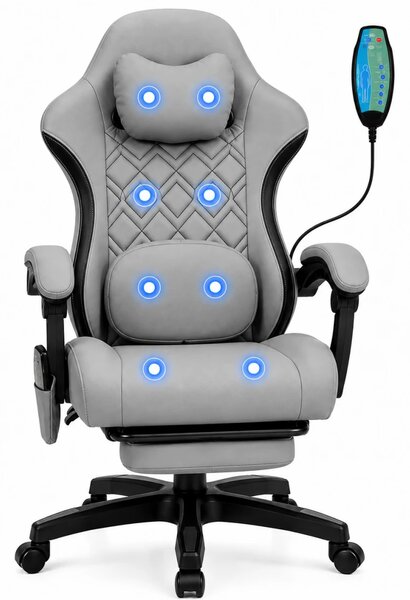 VELTOR – Scaun Gaming cu Masaj în 8 Puncte, Tapițerie Premium Dublu Strat Anti-Zgâriere, Mecanism Multifuncțional, Suport Picioare, Gri