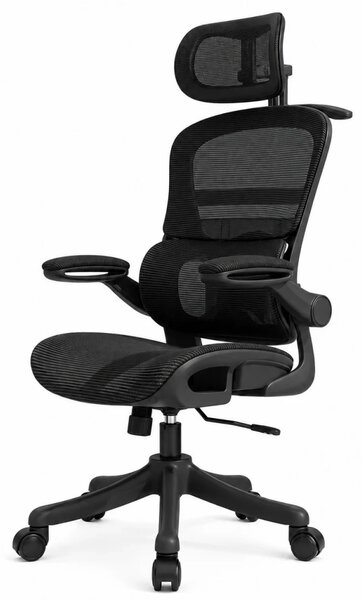 RESIGILAT- Scaun ergonomic cu șezut din plasă și suport lombar dinamic, tetiera 3D, cotiere rabatabile, Negru