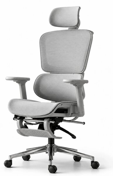 AERION – Scaun ergonomic, spătar ergonomic segmentat, suport lombar 3D, tetieră reglabilă, cotiere 3D, suport pentru picioare, înclinare până la 145°, bază metalică, Mesh, Gri