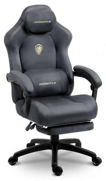 DOWINX – Scaun Gaming, Suport Lombar cu Masaj, Șezut cu Arcuri Metalice și Spumă, Rabatabil 90°-160°, Suport picioare, Rezistent 160 kg, material textil, Gri Inchis