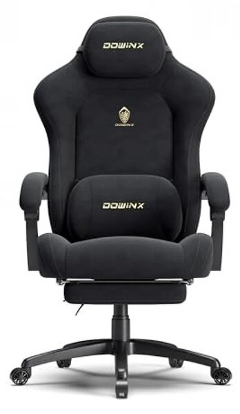 DOWINX – Scaun Gaming, Suport Lombar cu Masaj, Șezut cu Arcuri Metalice și Spumă, Rabatabil 90°-160°, Suport picioare, Rezistent 160 kg, material textil, Negru