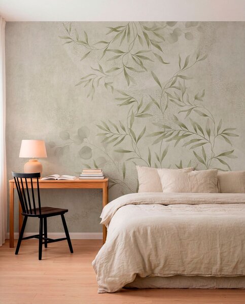 Tapet Motiv botanic în nuanțe de verde deschis pe un fundal texturat, Fototapet Acuarelă, w05424v1 : Uwalls.ro