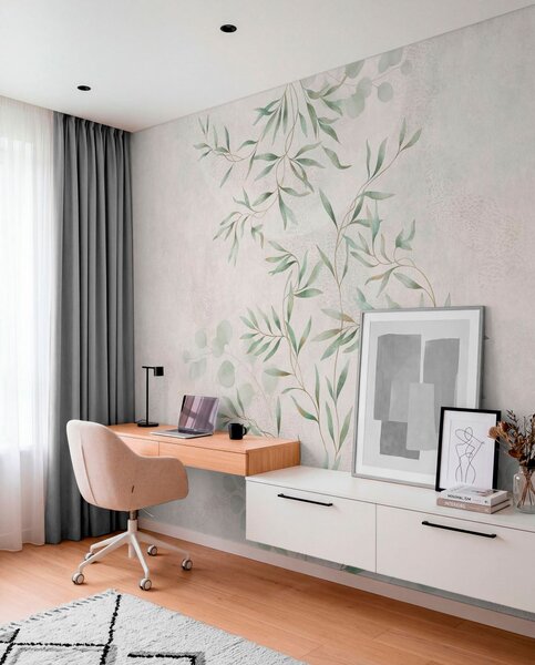 Tapet Model botanic delicat, cu ramuri subțiri pe un fundal deschis, Fototapet Acuarelă, w05424 : Uwalls.ro
