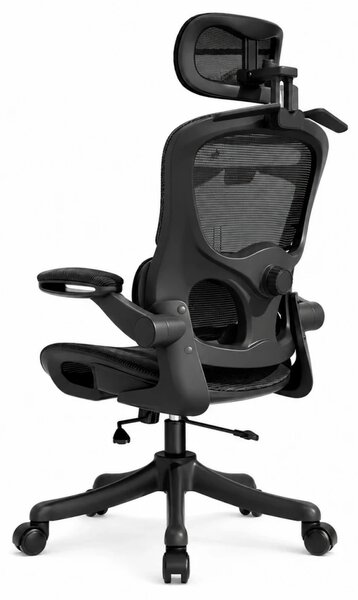 RESIGILAT- Scaun ergonomic cu șezut din plasă și suport lombar dinamic, tetiera 3D, cotiere rabatabile, Negru
