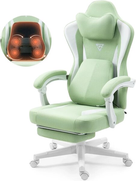 RESIGILAT- ErgoRelax Pro JD– Scaun Gaming Ergonomic, Masaj Lombar si Incalzire, Spătar Rabatabil 155°, Suport picioare, Material textil, Verde/Alb