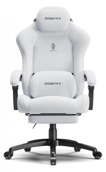 DOWINX – Scaun Gaming, Suport Lombar cu Masaj, Șezut cu Arcuri Metalice și Spumă, Rabatabil 90°-160°, Suport picioare, Rezistent 160 kg, Alb