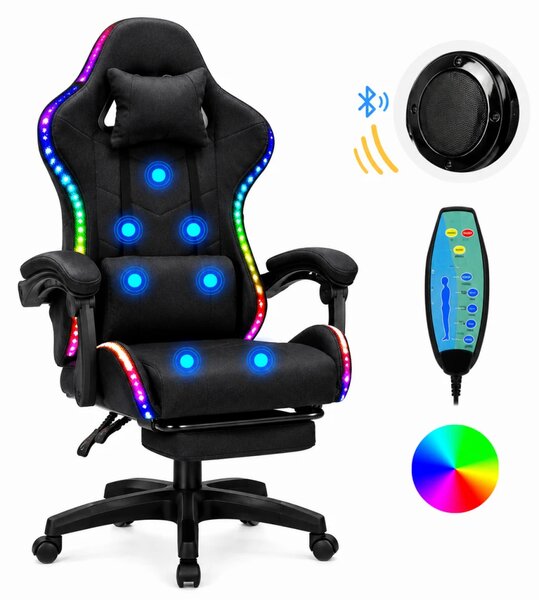 SONICSTRIKE RGB FABRIC– Scaun Gaming cu Masaj în 7 Puncte, Boxe Bluetooth Integrate, Sistem iluminare banda LED RGB, Tapițerie Premium Dublu Strat Anti-Zgâriere, Suport Extensibil pentru Picioare, Negru