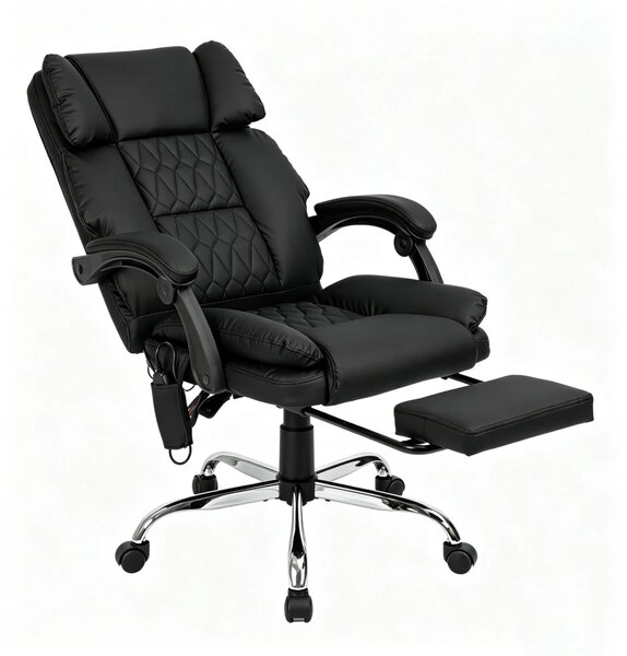 PRESTIGE CONFORT OC-514 – Scaun directorial cu Masaj în 7 puncte, Telecomandă, mecanism multifuncțional, reglare pe înălțime, suport pentru picioare, bază cromată, tapițerie PU, Negru