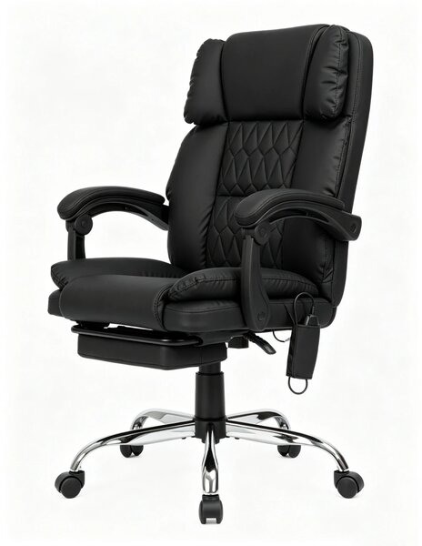 PRESTIGE CONFORT OC-514 – Scaun directorial cu Masaj în 7 puncte, Telecomandă, mecanism multifuncțional, reglare pe înălțime, suport pentru picioare, bază cromată, tapițerie PU, Negru