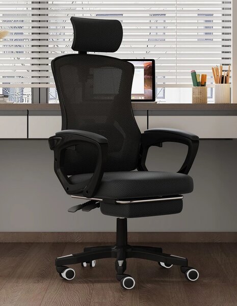 RESIGILAT- Scaun ergonomic cu suport lombar, pivotant 360°, tetieră reglabilă, suport pentru picioare, Mesh, Negru