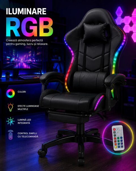 SONICSTRIKE RGB PU– Scaun Gaming cu Masaj în 7 Puncte, Boxe Bluetooth Integrate, Sistem iluminare banda LED RGB, Suport Extensibil pentru Picioare, Piele PU, Negru