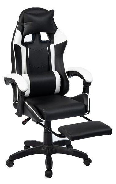 RESIGILAT- Scaun gaming, masaj în perna lombară, suport picioare, PU, Negru/Alb