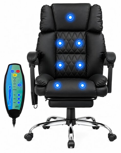 PRESTIGE CONFORT OC-514 – Scaun directorial cu Masaj în 7 puncte, Telecomandă, mecanism multifuncțional, reglare pe înălțime, suport pentru picioare, bază cromată, tapițerie PU, Negru