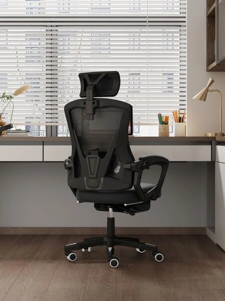 RESIGILAT- Scaun ergonomic cu suport lombar, pivotant 360°, tetieră reglabilă, suport pentru picioare, Mesh, Negru
