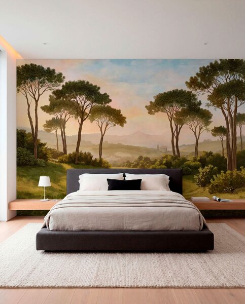 Tapet Peisaj cu copaci în lumina caldă a apusului, Fototapet Natură, w05122 : Uwalls.ro