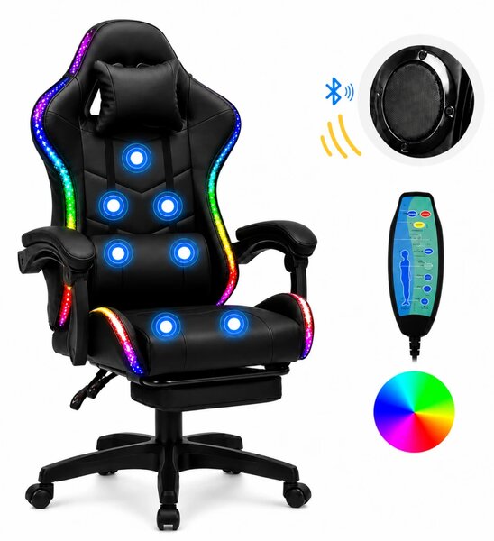 SONICSTRIKE RGB PU– Scaun Gaming cu Masaj în 7 Puncte, Boxe Bluetooth Integrate, Sistem iluminare banda LED RGB, Suport Extensibil pentru Picioare, Piele PU, Negru