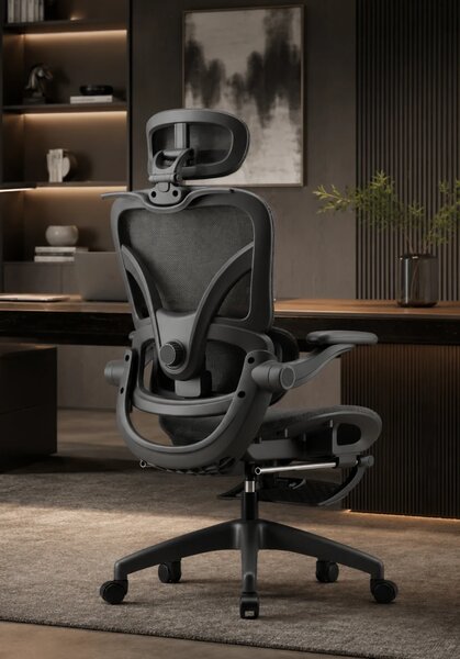 RESIGILAT- ErgoVision Pro – Scaun Ergonomic, Suport Lombar Reglabil, Umeras, Cotiere Rabatabile, Suport pentru Picioare, Mesh, Negru