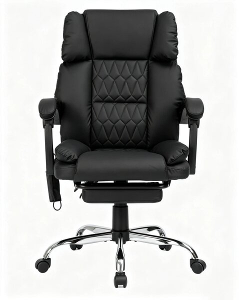 PRESTIGE CONFORT OC-514 – Scaun directorial cu Masaj în 7 puncte, Telecomandă, mecanism multifuncțional, reglare pe înălțime, suport pentru picioare, bază cromată, tapițerie PU, Negru