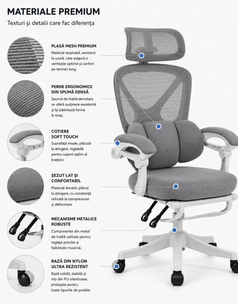 ELITE PRO 870GR – Scaun Ergonomic Premium, Mesh Respirabil, Tetieră Reglabilă, Suport Lombar, Suport pentru Picioare Retractabil, Funcție Recliner, Reglaj pe Înălțime, Gri