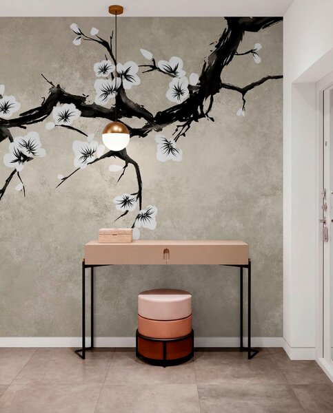 Tapet Ramură cu flori albe, în stil minimalist, Fototapet Flori, w05425 : Uwalls.ro