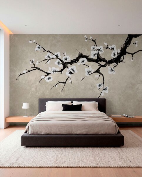 Tapet Ramură cu flori albe, în stil minimalist, Fototapet Flori, w05425 : Uwalls.ro