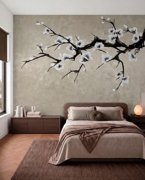 Tapet Ramură cu flori albe, în stil minimalist, Fototapet Flori, w05425 : Uwalls.ro