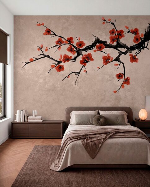 Tapet Ramură înflorită în stil oriental pe fundal bej, Fototapet Flori, w05425v4 : Uwalls.ro