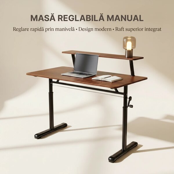 ERGOLEV WX-007 – Birou Reglabil Manual cu Înălțime Ajustabilă 65–90 cm, Blat Monobloc din PAL de Înaltă Densitate 15 mm, Cadru Metalic din Oțel, Raft Superior Integrat, 100x60 cm, Walnut