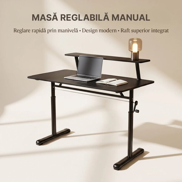 ERGOLEV WX-007 – Birou Reglabil Manual cu Înălțime Ajustabilă 65–90 cm, Blat Monobloc din PAL de Înaltă Densitate 15 mm, Cadru Metalic din Oțel, Raft Superior Integrat, 120x60 cm, Negru